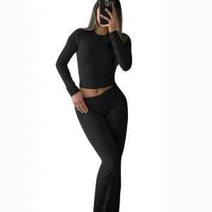 Women's Yoga Two-Piece Long-Sleeve Wide-Leg Activewear Set.