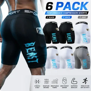 6-Pack Men's Sports Compression Shorts with Phone Pocket—Quick-Drying Form-Fitting. Ideal for Workouts and Everyday Wear