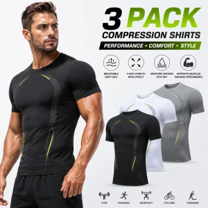 3-Pack Men's Compression Short Sleeve Gym Tops Contour Line Workout Tees Moisture-Wicking Quick-Dry Performance Training Shirts